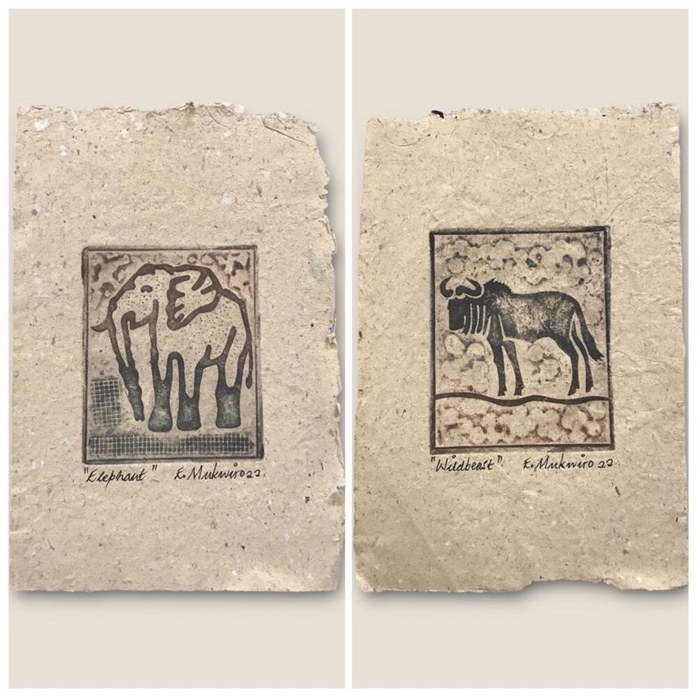 African Animal Print Etchings Elephant & Wildbeast on Handmade Paper